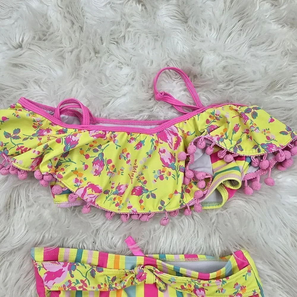 Betsey Johnson | Yellow Floral Stripe Ruffle Pom-Pom Bow BikiniGirls Size 10